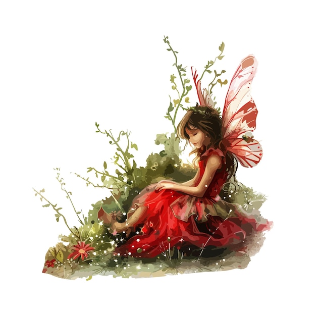 Vector a little girl with a butterfly wings sits on a patch of grass