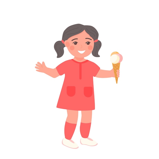 Little girl with cone and three balls of ice cream vector illustration Child in red dress smiling