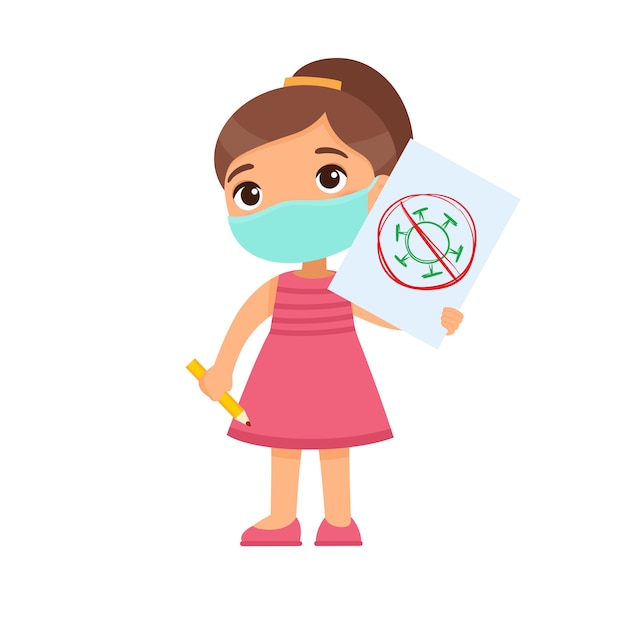 Little girl with medical mask holding paper sheet with virus image. Cute schoolkid with image and pencil in hands isolated on white background. Virus protection consept.