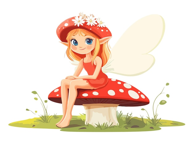 Vector a little girl with a red hat sits on a mushroom