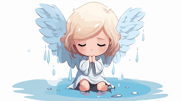 a little girl with wings in the rain