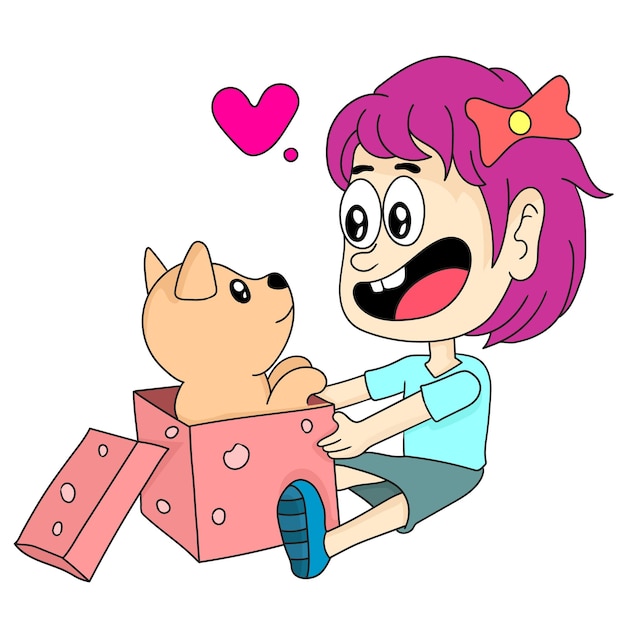 Little girls can gift small dogs. cartoon illustration sticker