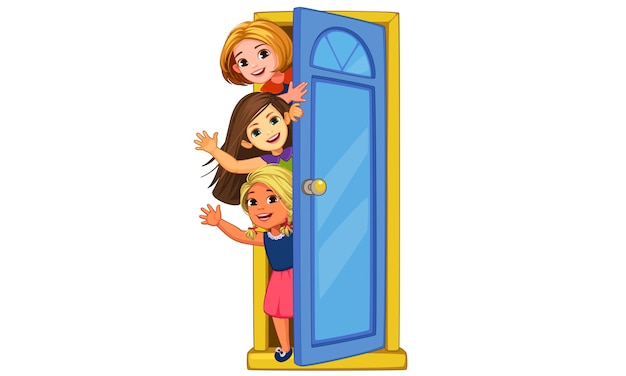 Little girls peeking out of the door and waving illustration