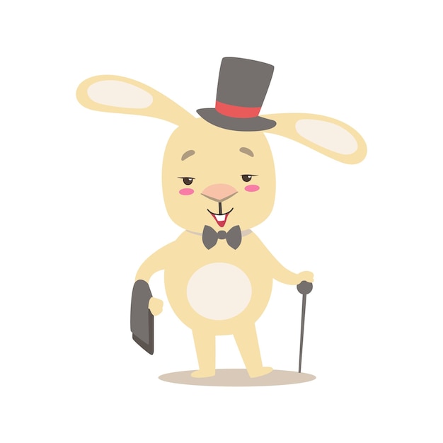 Little Girly Cute White Pet Bunny In Gentleman Costume With Top Hat Cartoon Character Life Situation Illustration