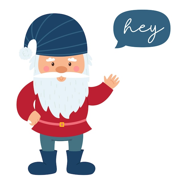 A little gnome with a beard and a blue striped hat waves his hand A postcard with a small dwarf and the inscription Hey Cute cartoon old man a character on a white background