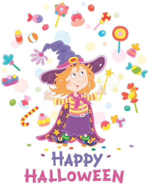 Little Halloween witch illusionist waving a magic wand and conjuring funny tricks with flying sweets