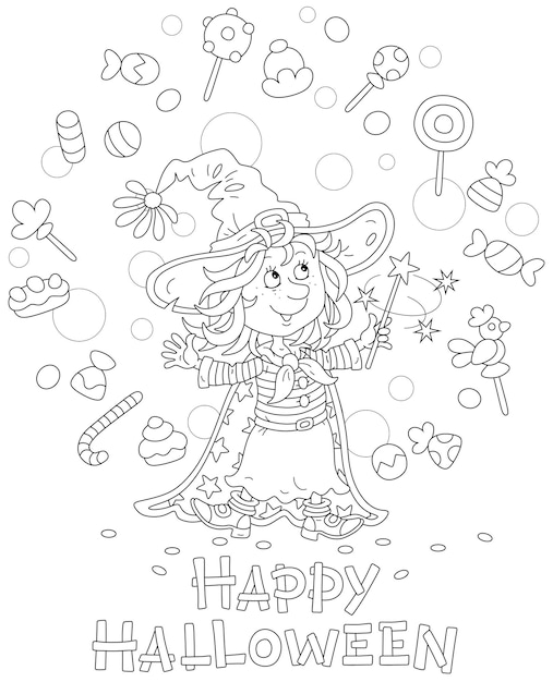 Little Halloween witch illusionist waving a magic wand and conjuring funny tricks with flying sweets