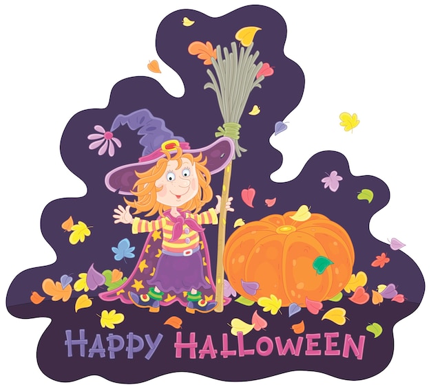 Little Halloween witch with a big hat, a magical broom and a large orange pumpkin among color leaves