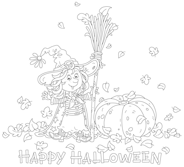 Little Halloween witch with a big hat, a magical broom and a large pumpkin among whirling leaves