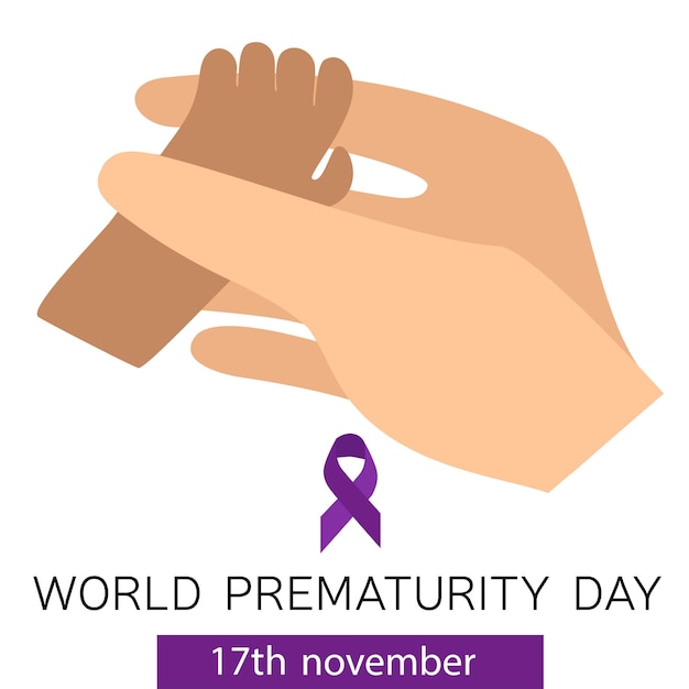 Little hand of baby take a hand of mother or father. Banner or card for world prematurity day, 17