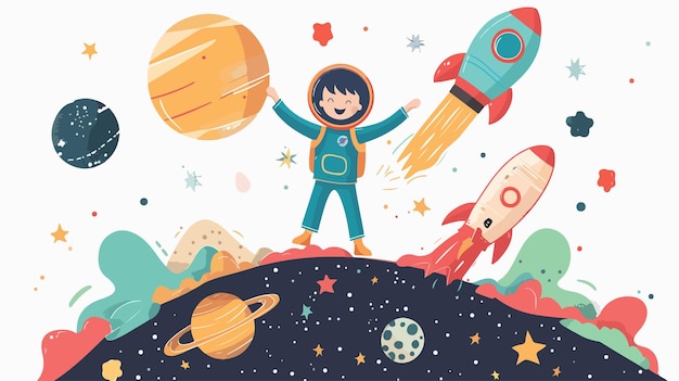 Vector little happy spaceman in space flat style vector isolated illustration