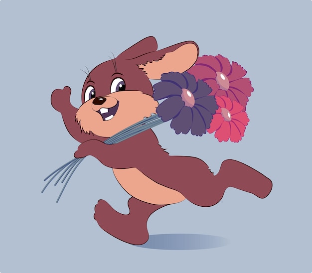 A little hare runs with a bouquet of flowers