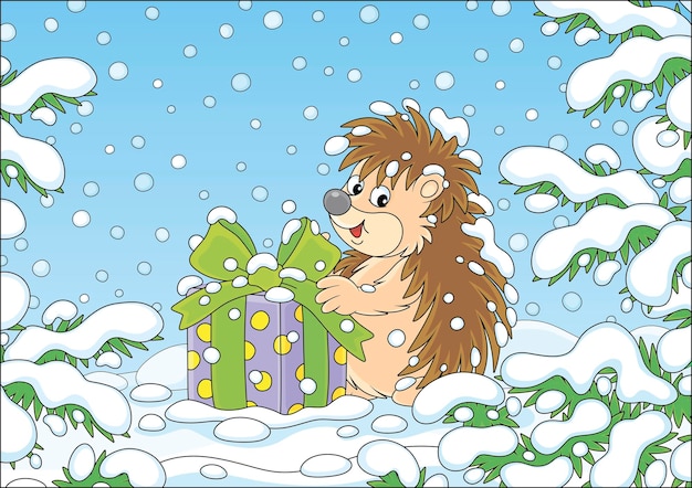 Little hedgehog with its holiday gift under snowy branches of green firs in a winter forest