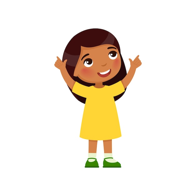 Little  Indian girl looks up and shows her fingers up Dark skin cartoon character