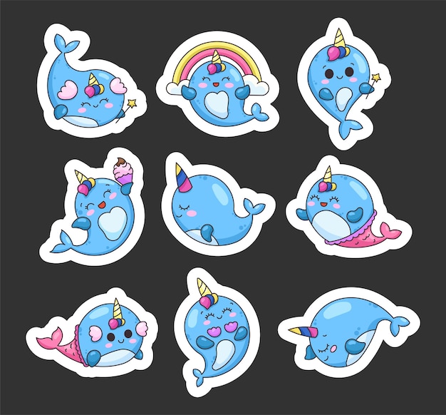 Vector little kawaii whale unicorn sticker bookmark cute cartoon sea animal characters for kids