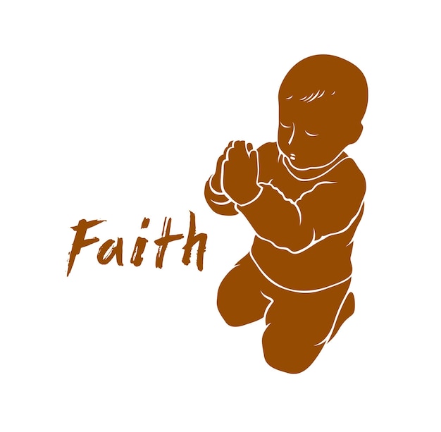 Little kid boy praying vector silhouette illustration isolated on white, child standing on the knees and praying to God.