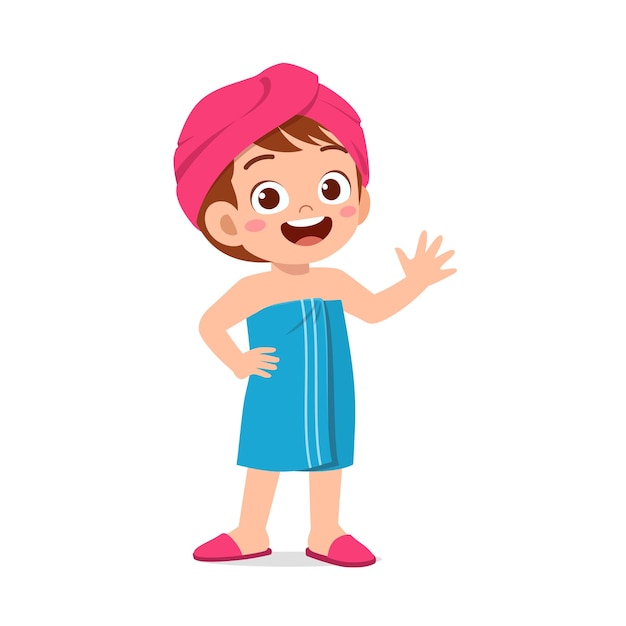 Little kid dry body with towel after bath