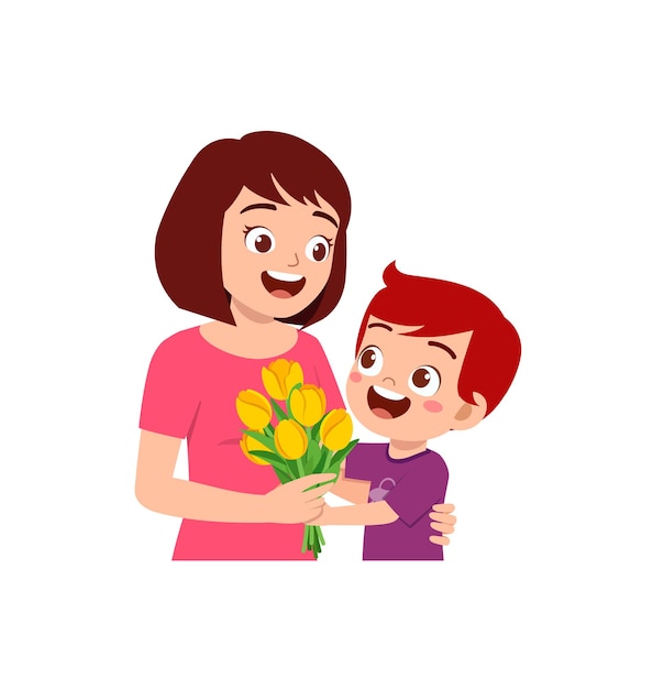 Little kid give a flower to mother