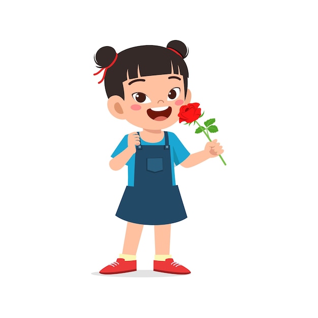 Little kid holding flower with good smell