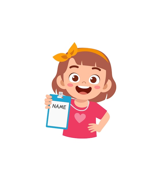 Little kid holding name tag and feel happy