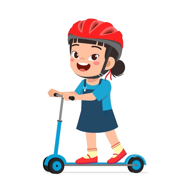 Little kid ride scooter and wear helmet