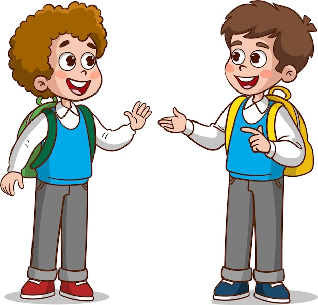 little kid say hello to friend and go to school together