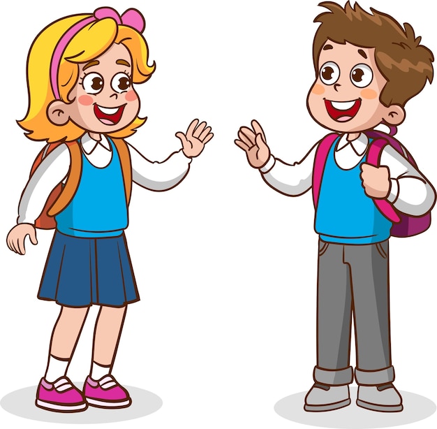 little kid say hello to friend and go to school together