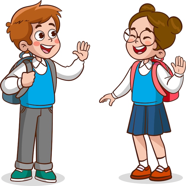 little kid say hello to friend and go to school together