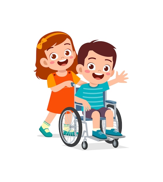 Little kid sit on wheelchair with friend and feel happy