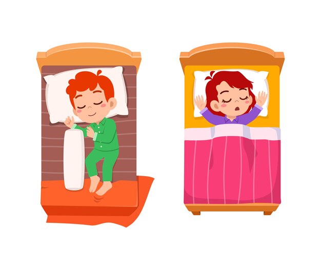 Vector little kid sleep on bed room and feel comfortable