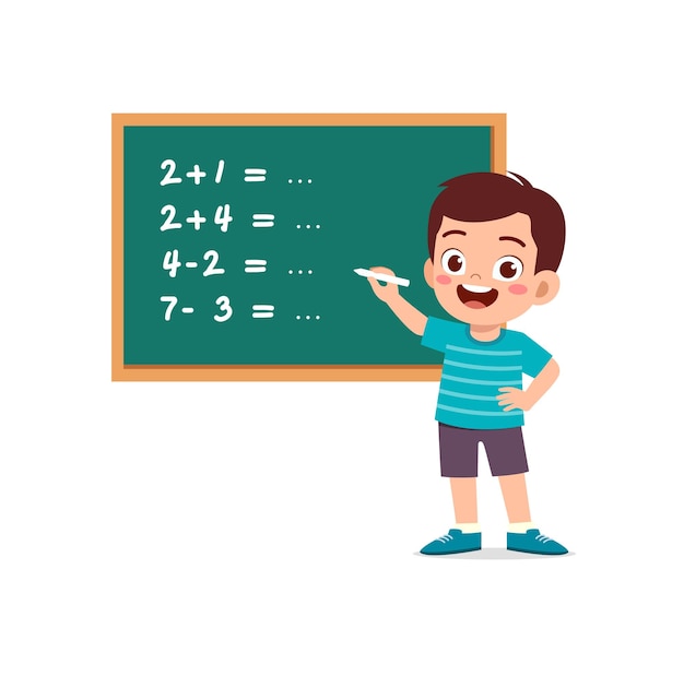 Little kid solving math problem on blackboard