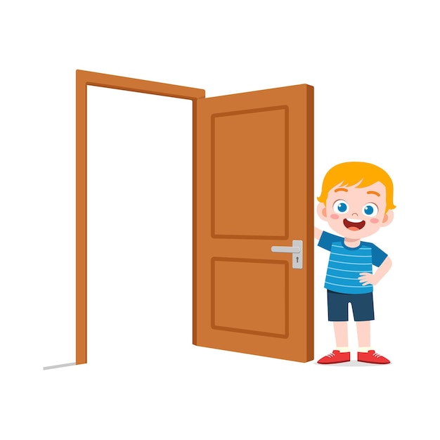 Little kid standing and holding door knob