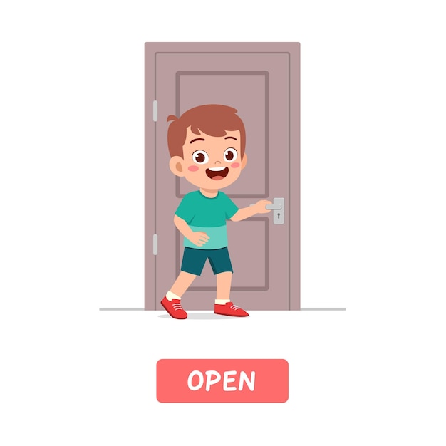 Little kid standing and holding door knob