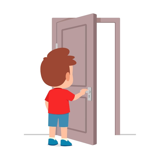 Little kid standing and holding door knob