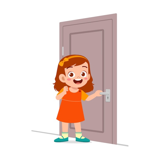 Little kid standing and holding door knob