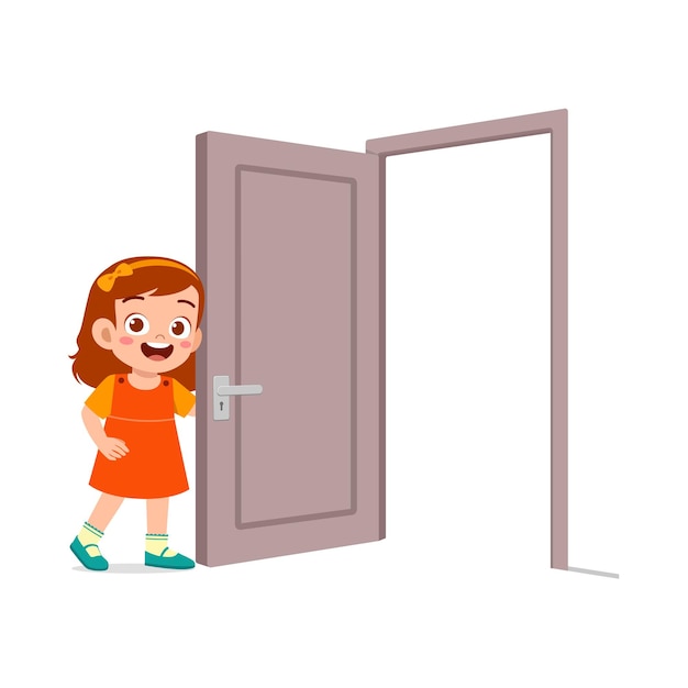 Little kid standing and holding door knob