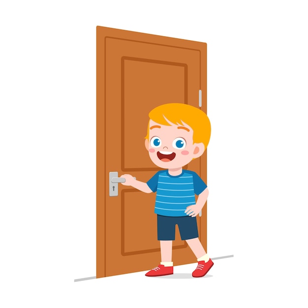 Little kid standing and holding door knob