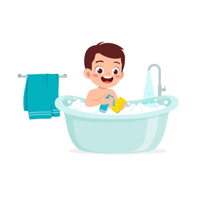 Little kid take a bath in the bathtub