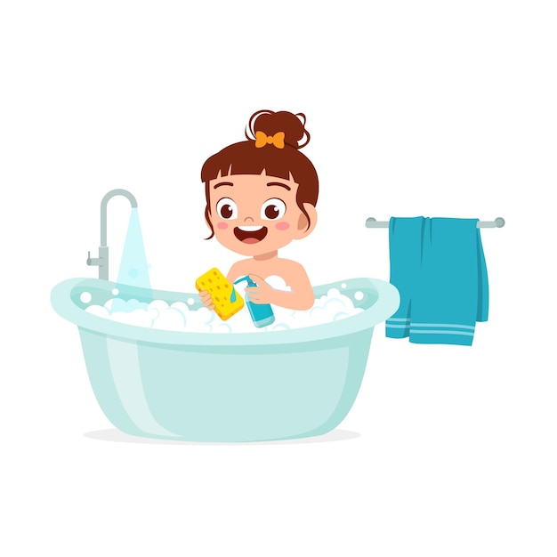 Little kid take a bath in the bathtub