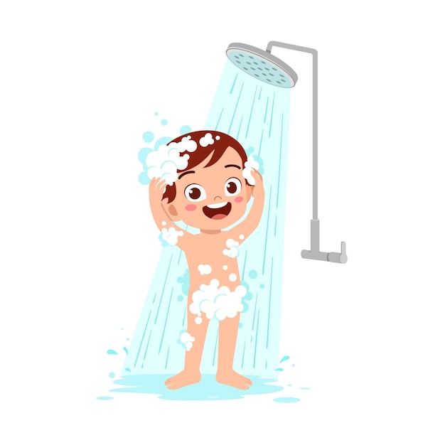 Little kid take a shower and wash body