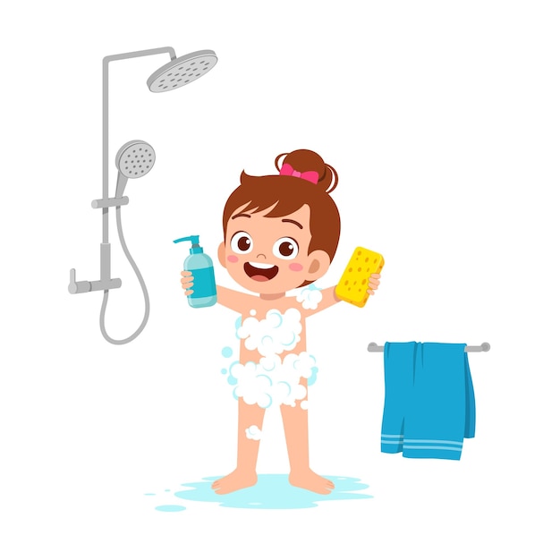 Little kid take a shower and wash body