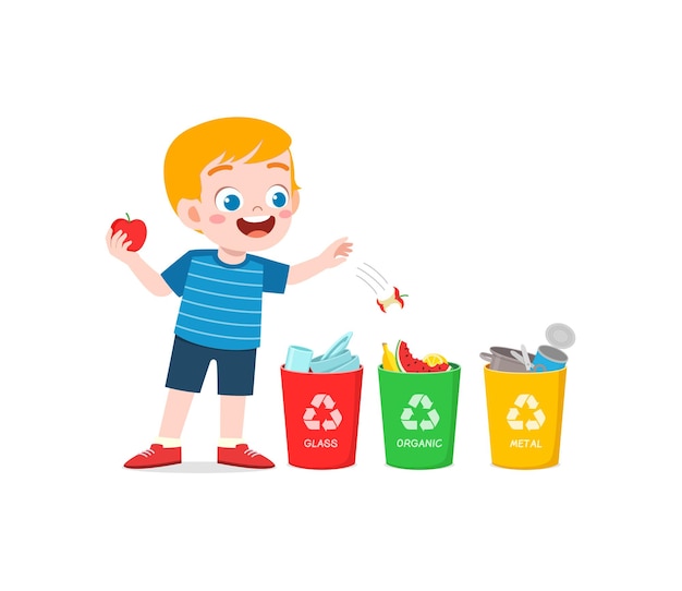 Little kid throw organic waste to recycle bin