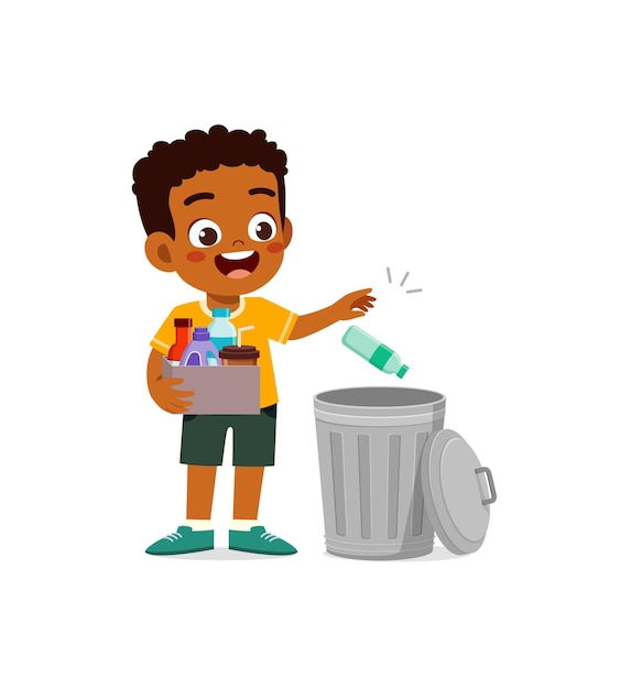 Little kid throw trash to trash bin