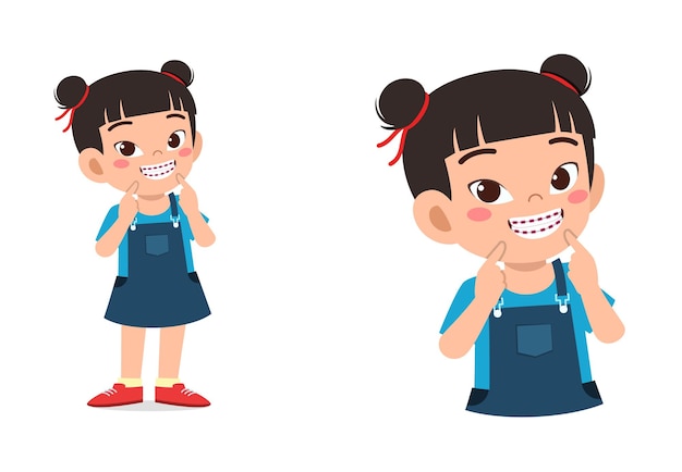 Little kid using dental braces and feel happy