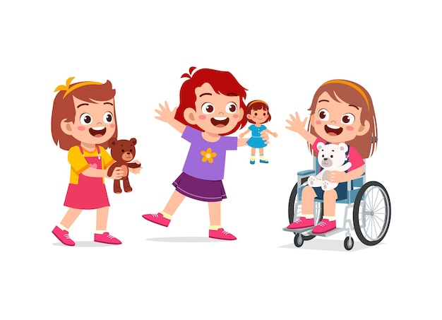 Little kid on wheelchair play doll with friend