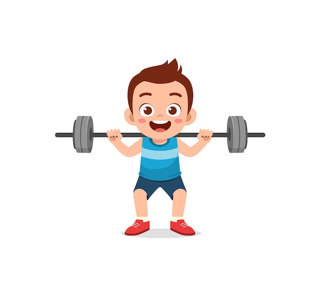 Little kid do workout with weight lifting