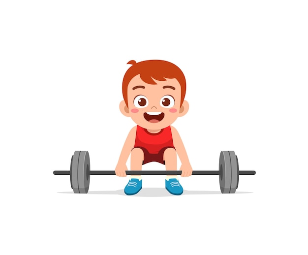 Little kid do workout with weight lifting