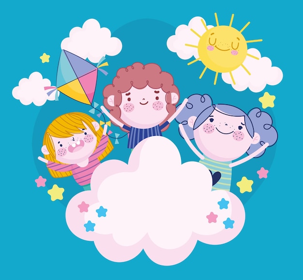 Little kids cartoon clouds sun kite cartoon, Children  illustration