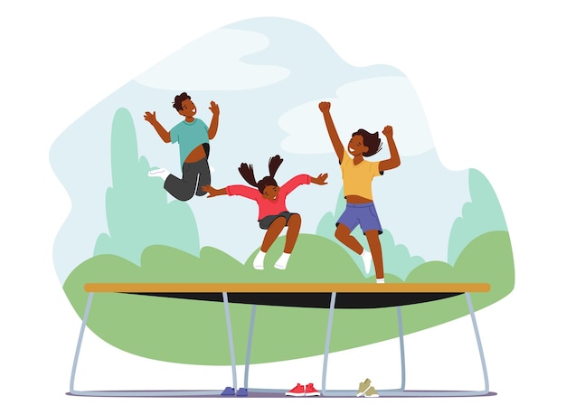 Little Kids Jumping and Hopping On Trampoline at Sunny Summer Day Friends Celebrate Party Having Fun On Weekend