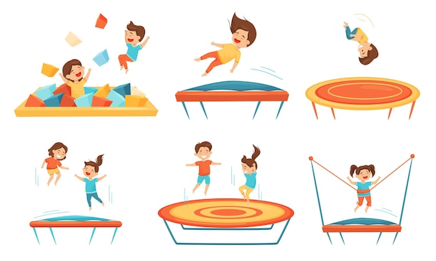 Little Kids Jumping on Trampoline Vector Illustrations Set Smiling Children Having Fun Outdoors